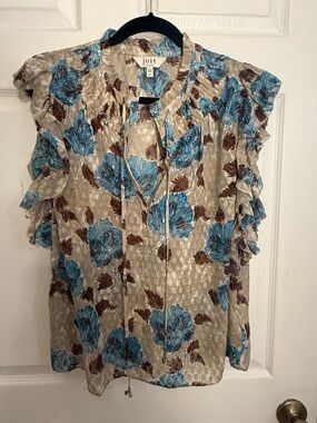 Joie Beige Blouse with Blue and Brown Floral Print
